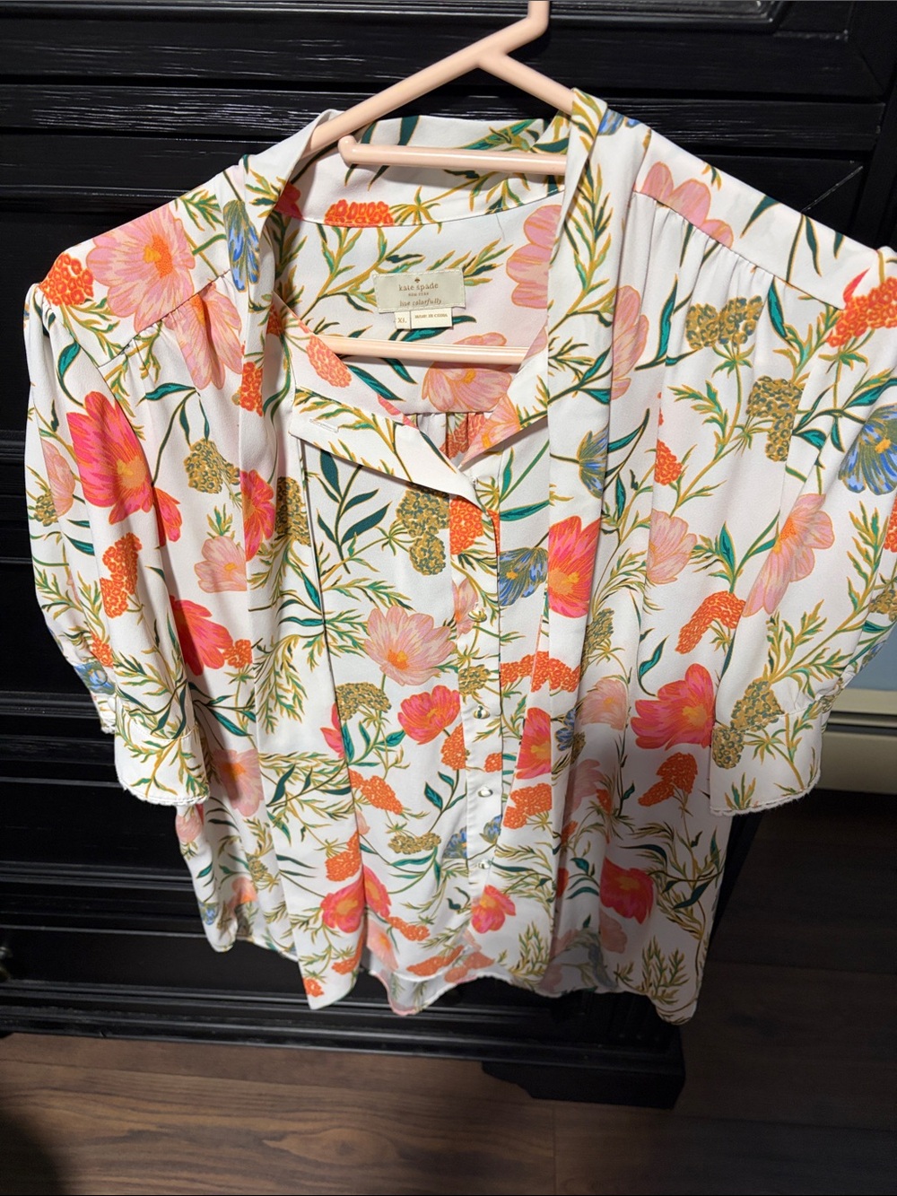 kate spade Floral Button-Front Blouse in Cream with Pink and Orange Blooms